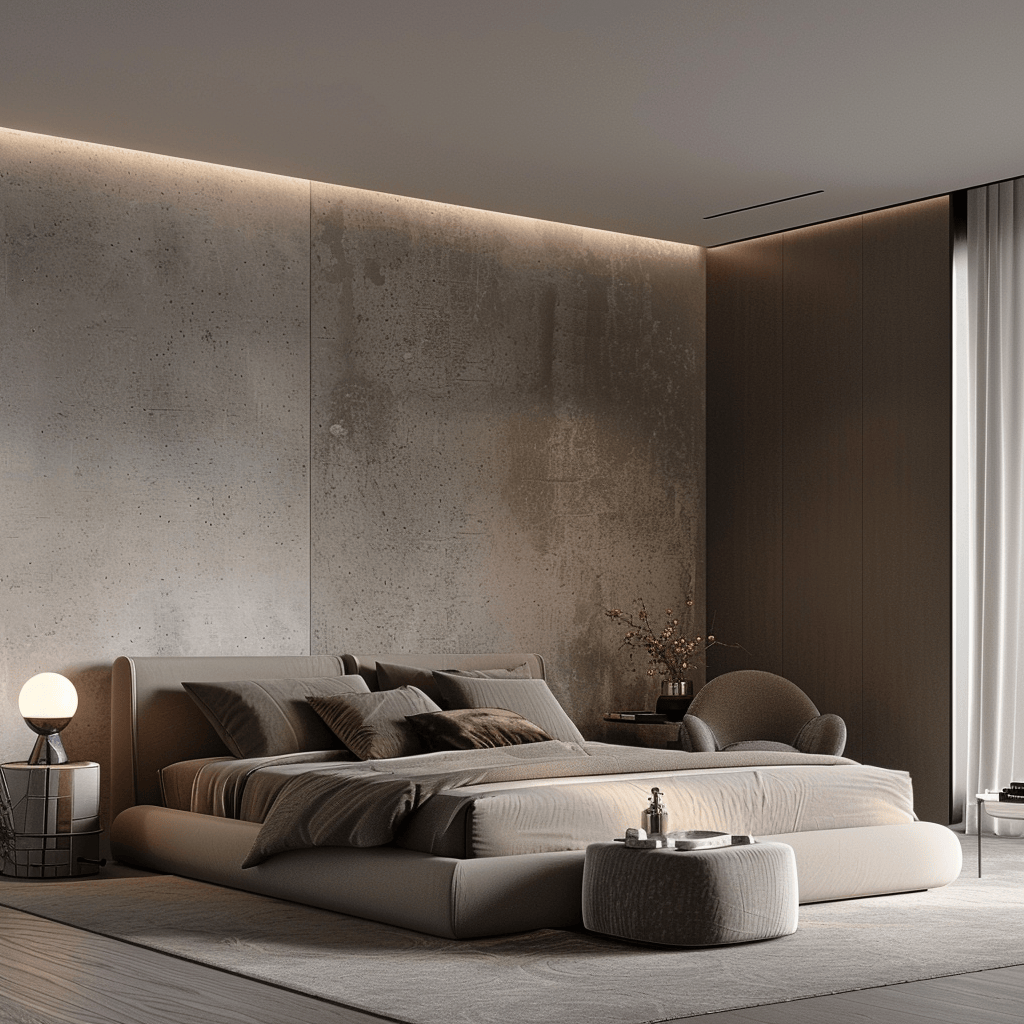 A minimalist bedroom with a monochromatic palette of various shades of gray, from light, airy tones to deeper, more dramatic hues, showcasing the sophistication of gray4