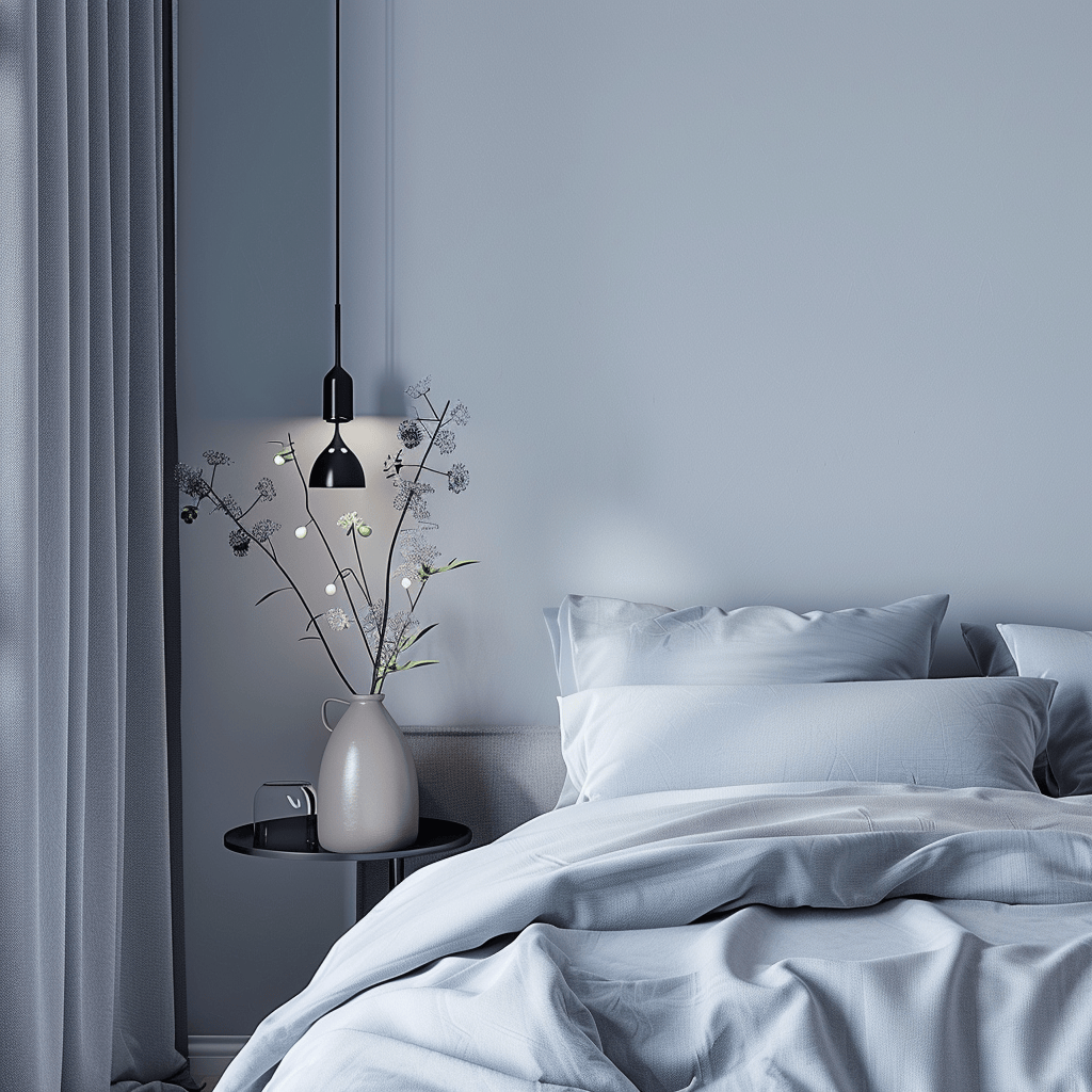 A minimalist bedroom with a soothing palette of pale blue, lavender, and soft gray, creating a calming and tranquil environment conducive to restful sleep