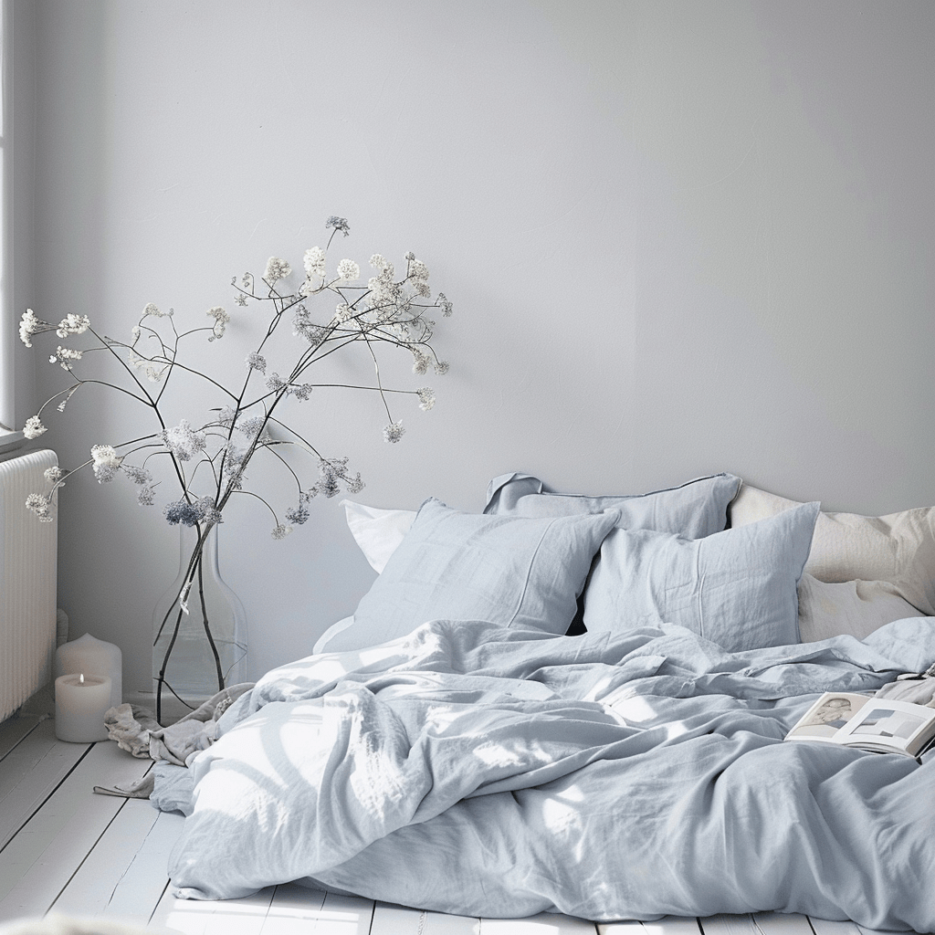 A minimalist bedroom with a soothing palette of pale blue, lavender, and soft gray, creating a calming and tranquil environment conducive to restful sleep4