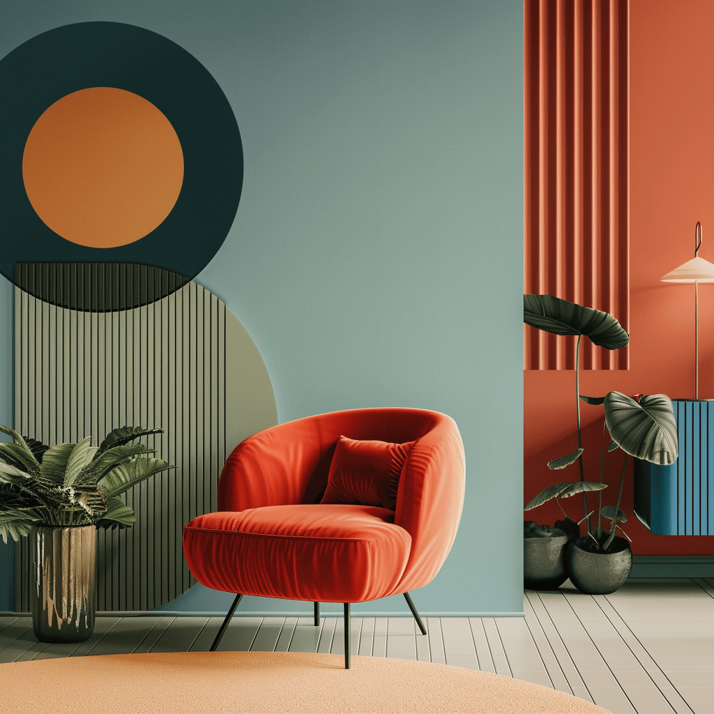 A minimalist color palette featuring bold, saturated hues and clean, geometric shapes, representing the essence of modern color in interior design