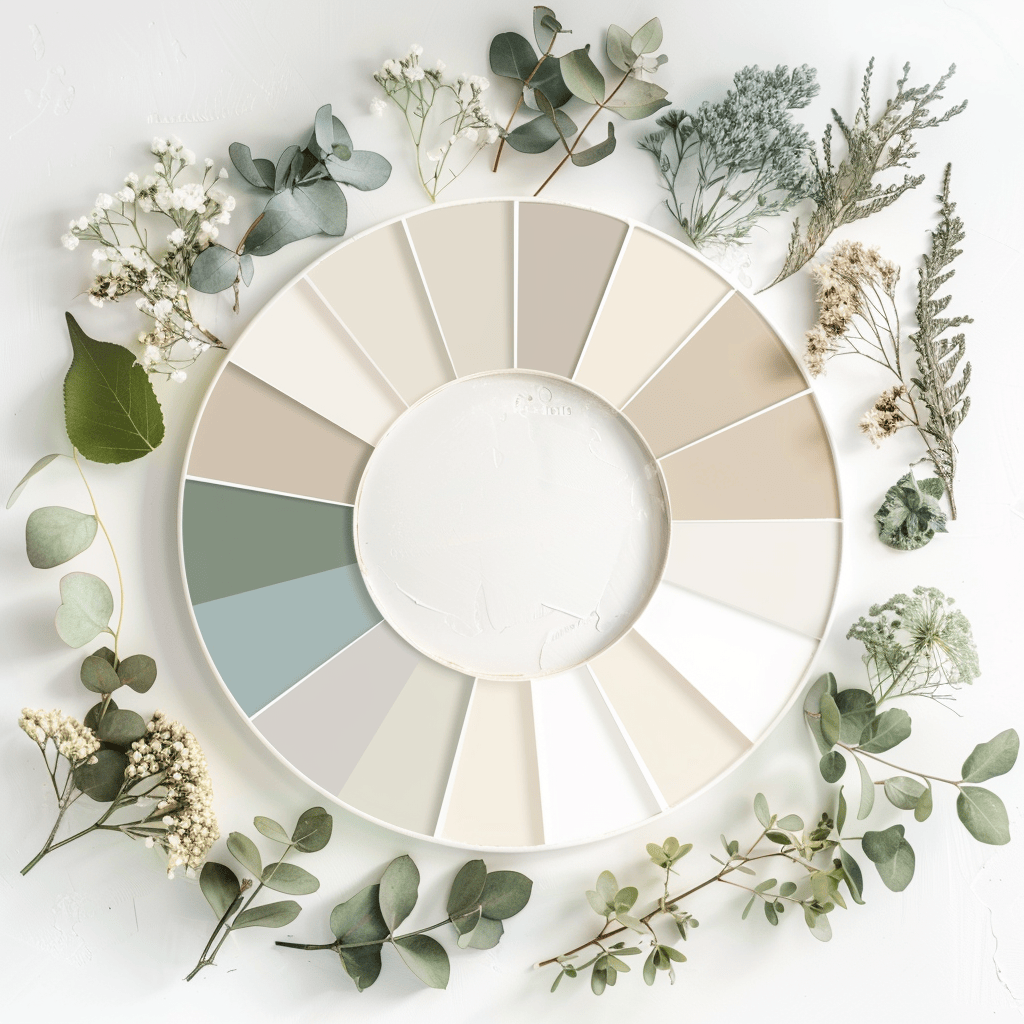 A minimalist color wheel with neutral tones like white, beige, and gray, and small accents of muted colors like sage green and pale blue2