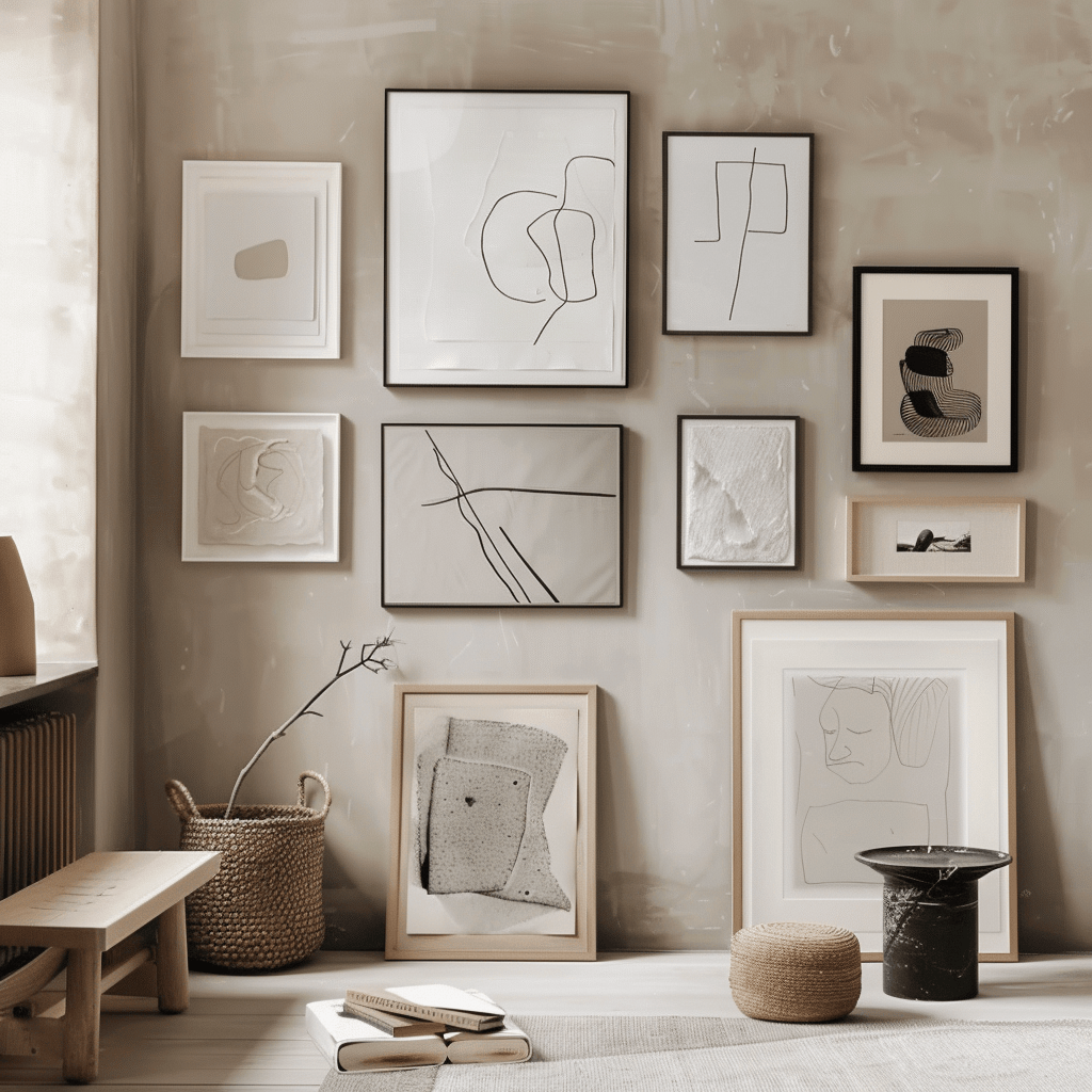 A minimalist gallery wall with a curated selection of black-and-white photographs, simple line drawings, and abstract prints, all in a cohesive, neutral color palette3