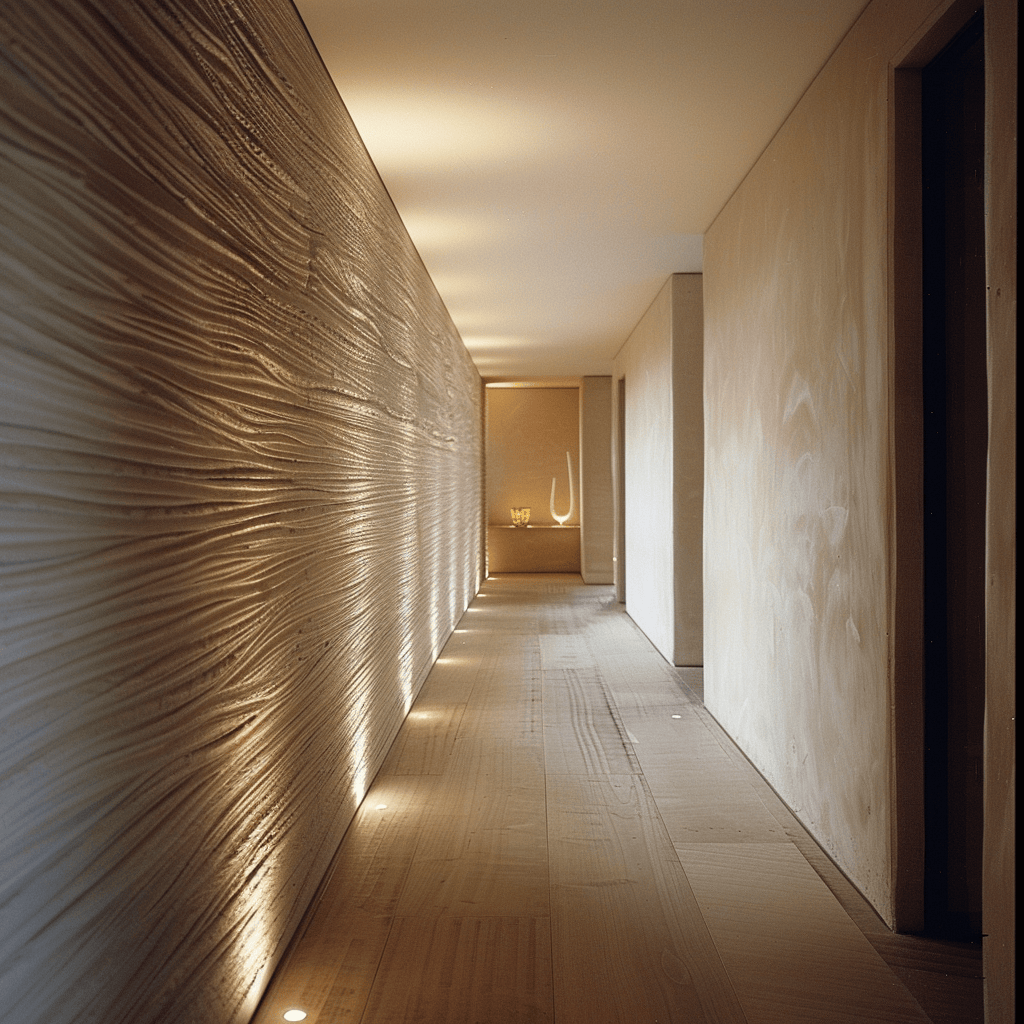 A minimalist hallway demonstrating the impact of well-chosen wall textures in providing visual intrigue and a sense of dimension