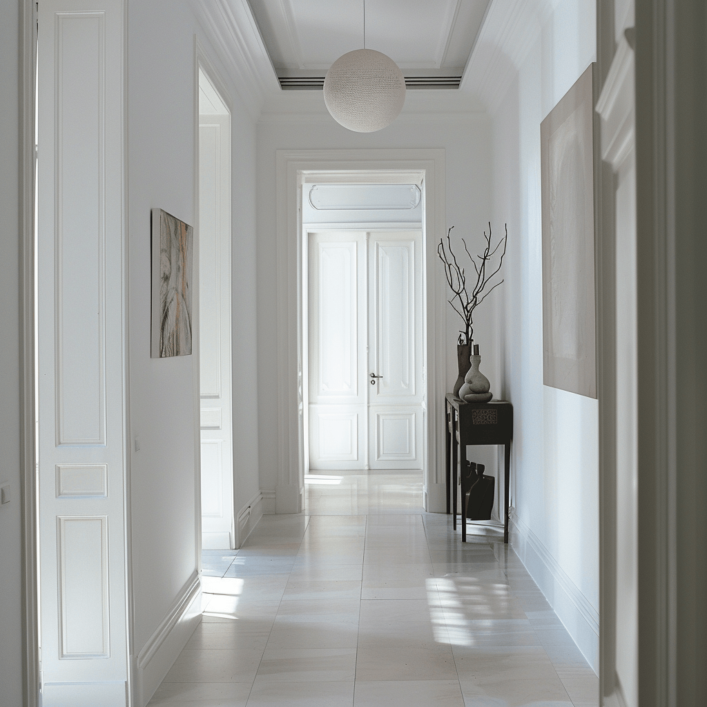A minimalist hallway demonstrating the impact of white walls in reflecting light and providing a versatile backdrop for decor and accessories