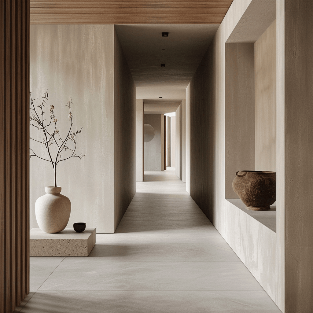 A minimalist hallway featuring a soothing palette of neutral tones that create a calming and timeless aesthetic