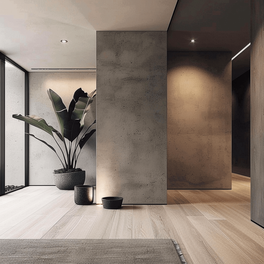 A minimalist hallway featuring a striking accent wall that adds visual interest and depth to the space without compromising simplicity