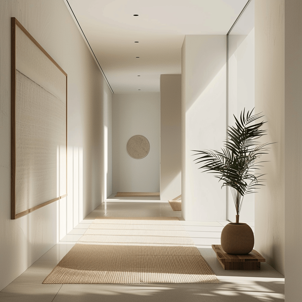 A minimalist hallway featuring carefully chosen artwork, mirrors, plants, and minimalist rugs, adding visual interest without clutter