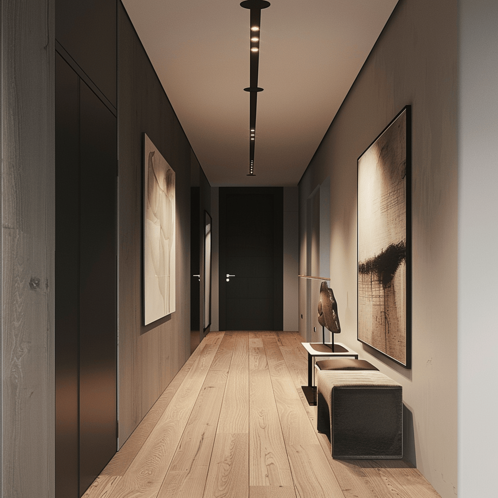 A minimalist hallway featuring carefully curated artwork that adds visual interest and personality to the space without overwhelming the simplicity of the design