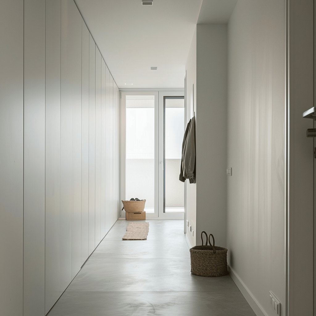 A minimalist hallway featuring innovative hidden storage solutions that maximize space and maintain a clutter-free appearance