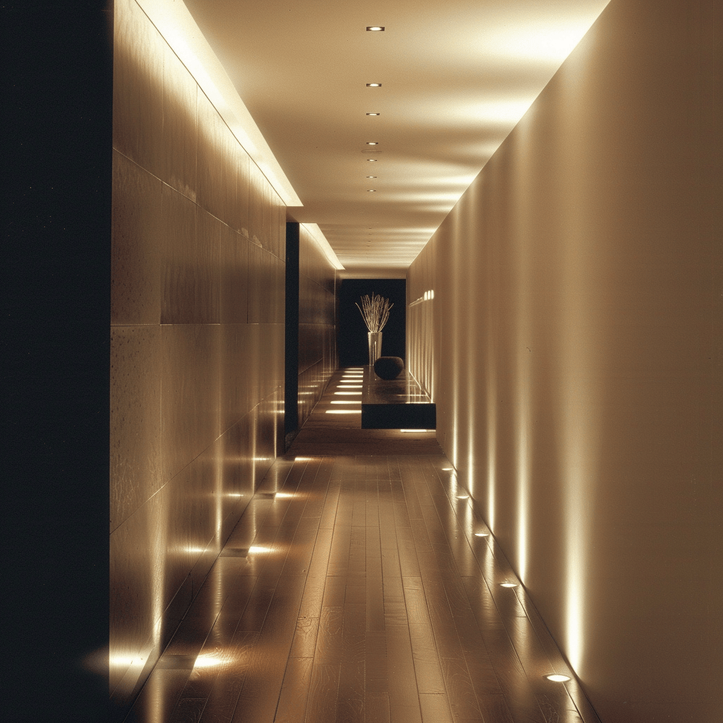 A minimalist hallway featuring sleek recessed lighting that provides even illumination and maintains a streamlined appearance