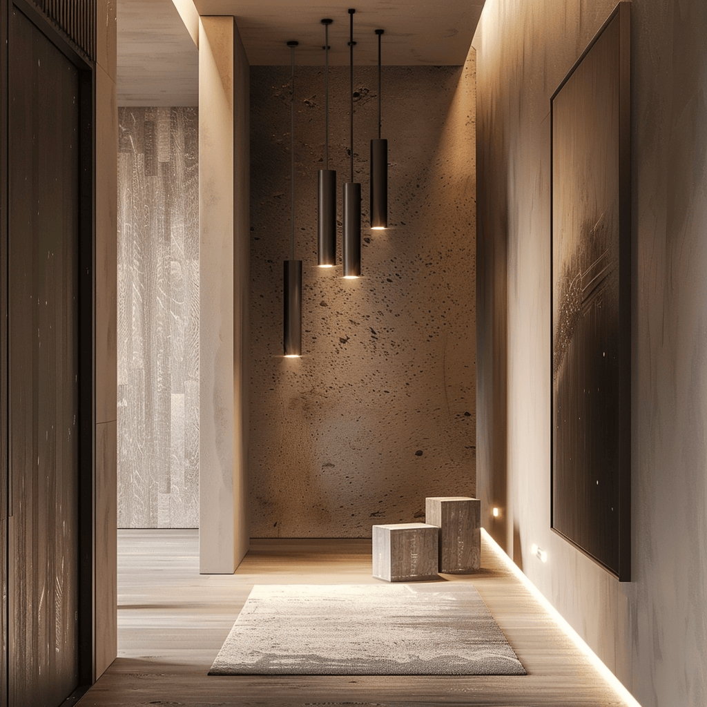 A minimalist hallway featuring stylish pendant lights that provide both functional illumination and a decorative focal point