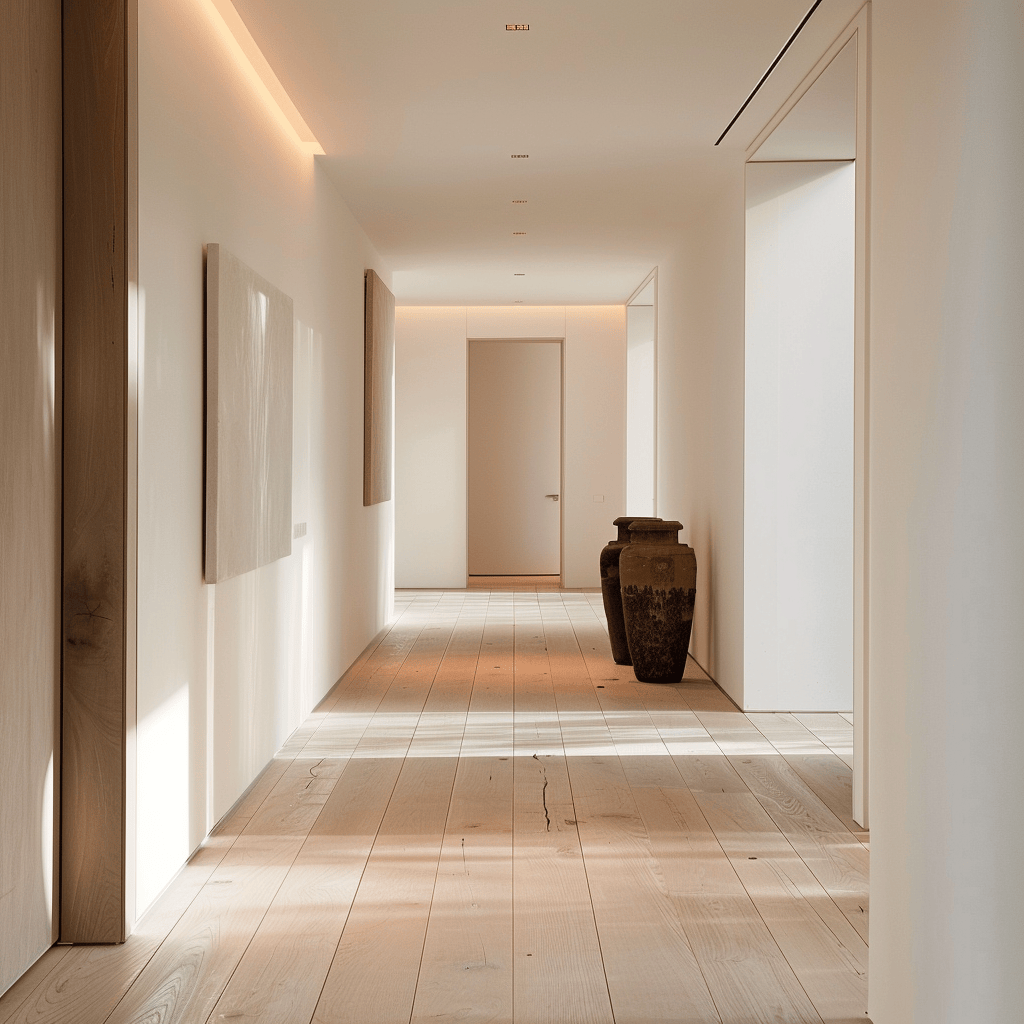 A minimalist hallway featuring warm and inviting hardwood flooring, adding natural texture and character to the streamlined design