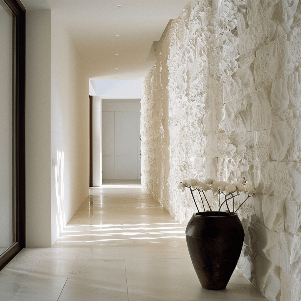 A minimalist hallway featuring white, textured, or accent walls, creating a clean, bright, and focal point in the space