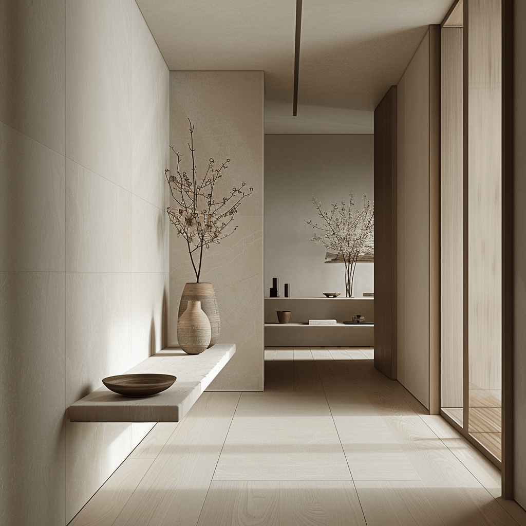 A minimalist hallway showcasing innovative and practical storage options that seamlessly blend into the overall aesthetic