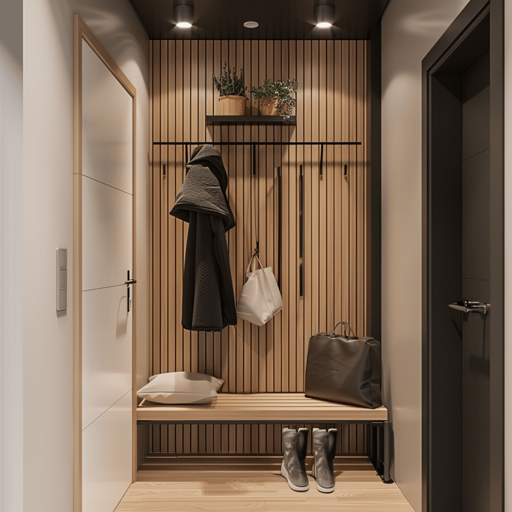 A minimalist hallway showcasing innovative storage solutions that maximize space while contributing to the overall aesthetic