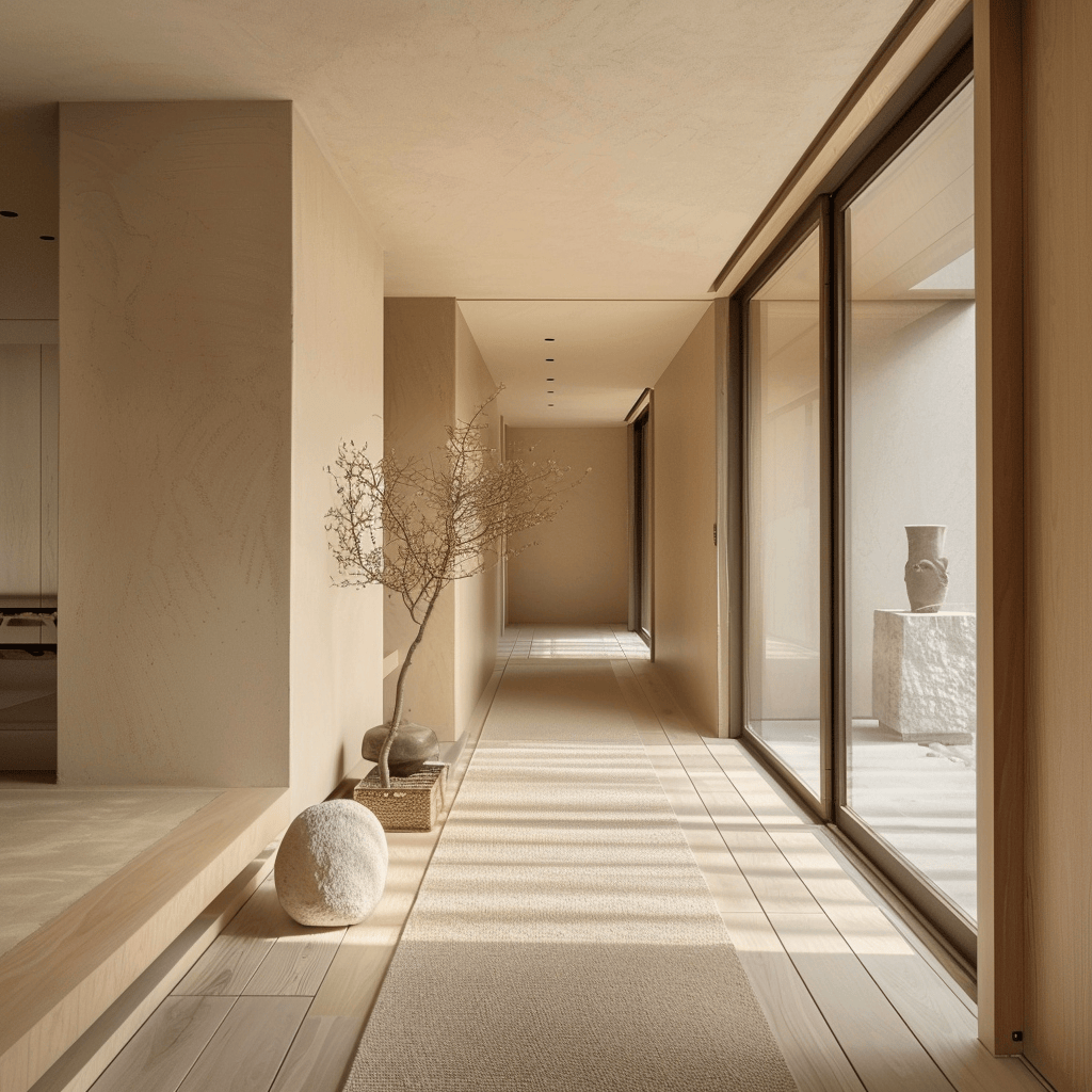 A minimalist hallway showcasing the serene beauty of Japanese design, with an emphasis on clean lines, organic textures, and visual balance