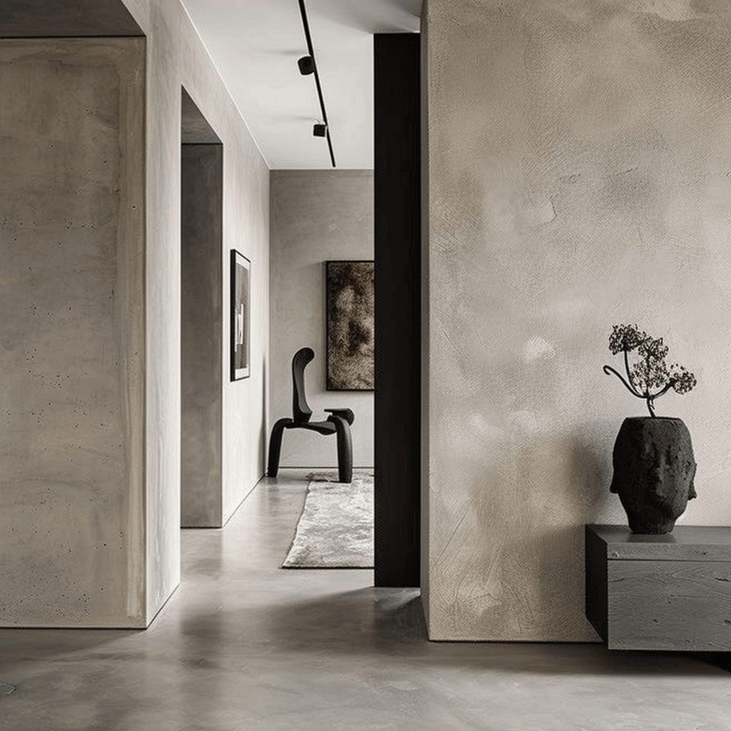 A minimalist hallway that combines industrial style elements, such as raw materials, a neutral palette, concrete, and metal accents