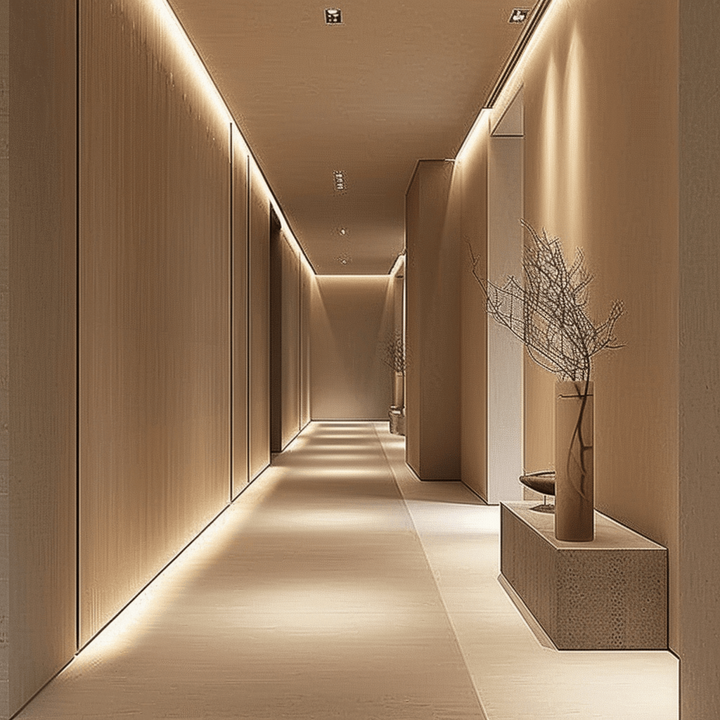 A minimalist hallway that embodies the principles of simplicity, functionality, and a calming, inviting atmosphere through its streamlined design