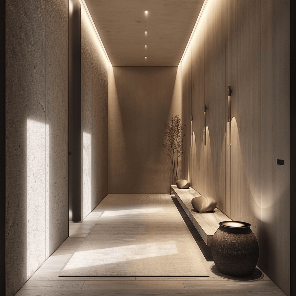 A minimalist hallway that harnesses natural light and incorporates artificial lighting through recessed, wall sconces, and pendant lights