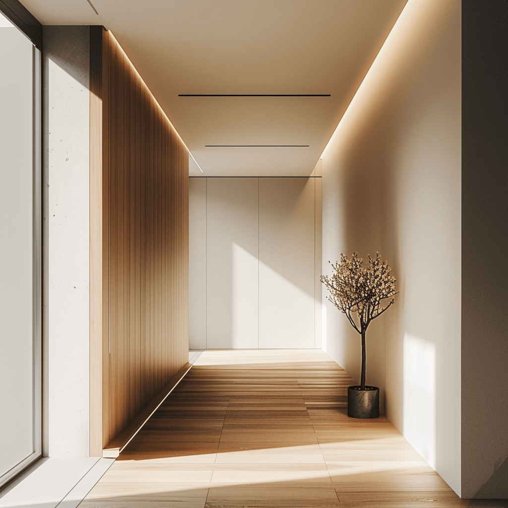A minimalist hallway that illustrates the advantages of embracing simplicity and functionality, creating a welcoming and efficient entrance to the home