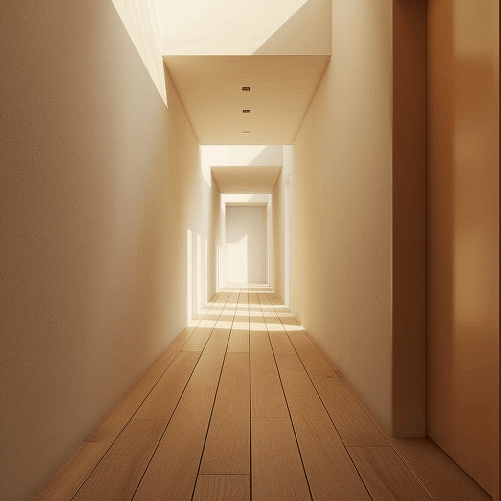 A minimalist hallway that suffers from a lack of functionality due to inadequate storage, difficult movement, and poor layout choices