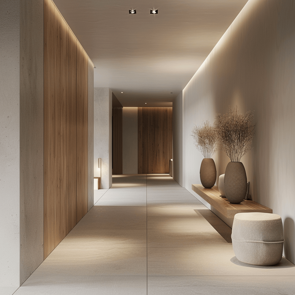 A minimalist hallway with carefully selected accessories, efficient lighting, and a focus on functionality and simplicity