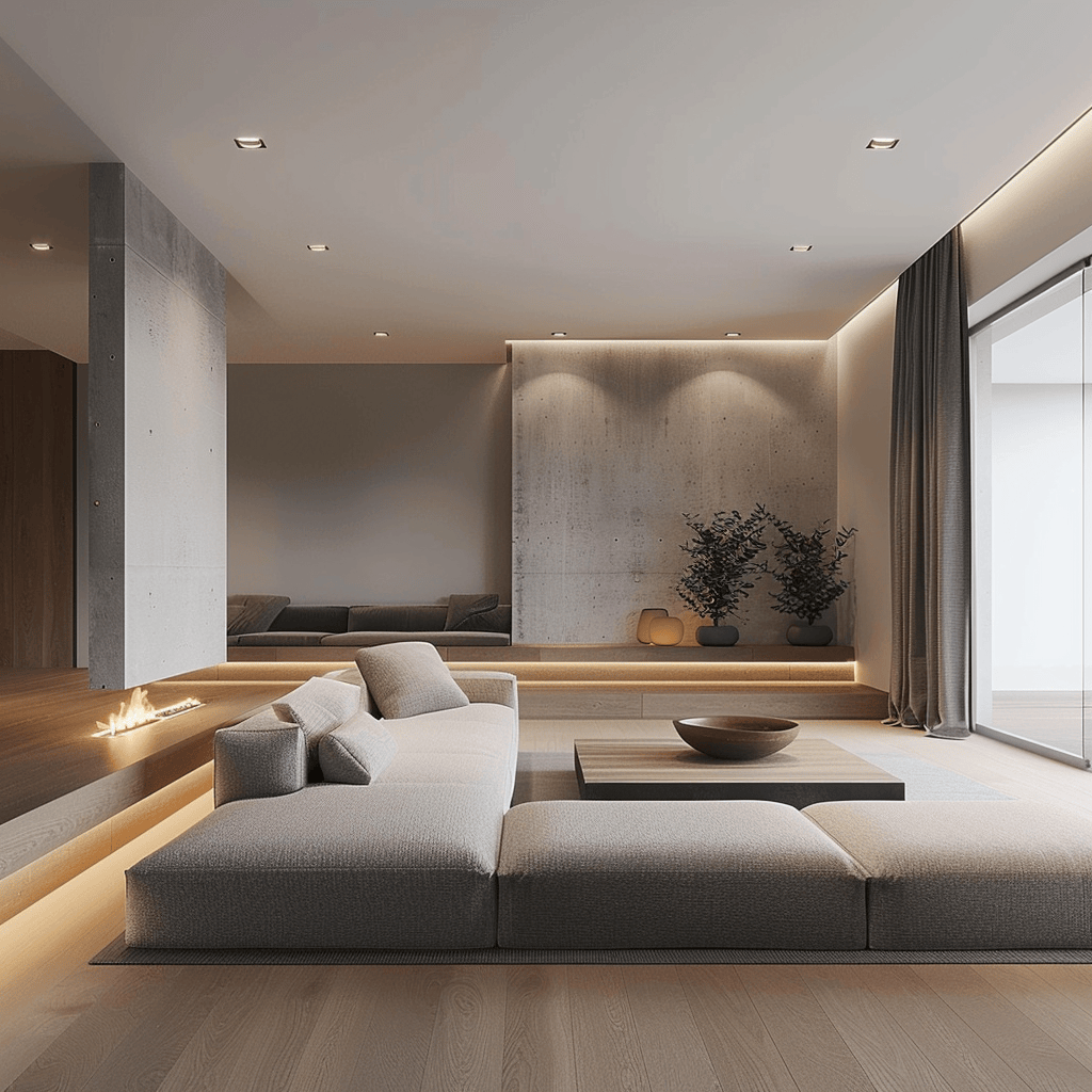 A minimalist interior design focused on simplicity, functionality, and the use of essential elements to create a clean, uncluttered, and visually appealing living space