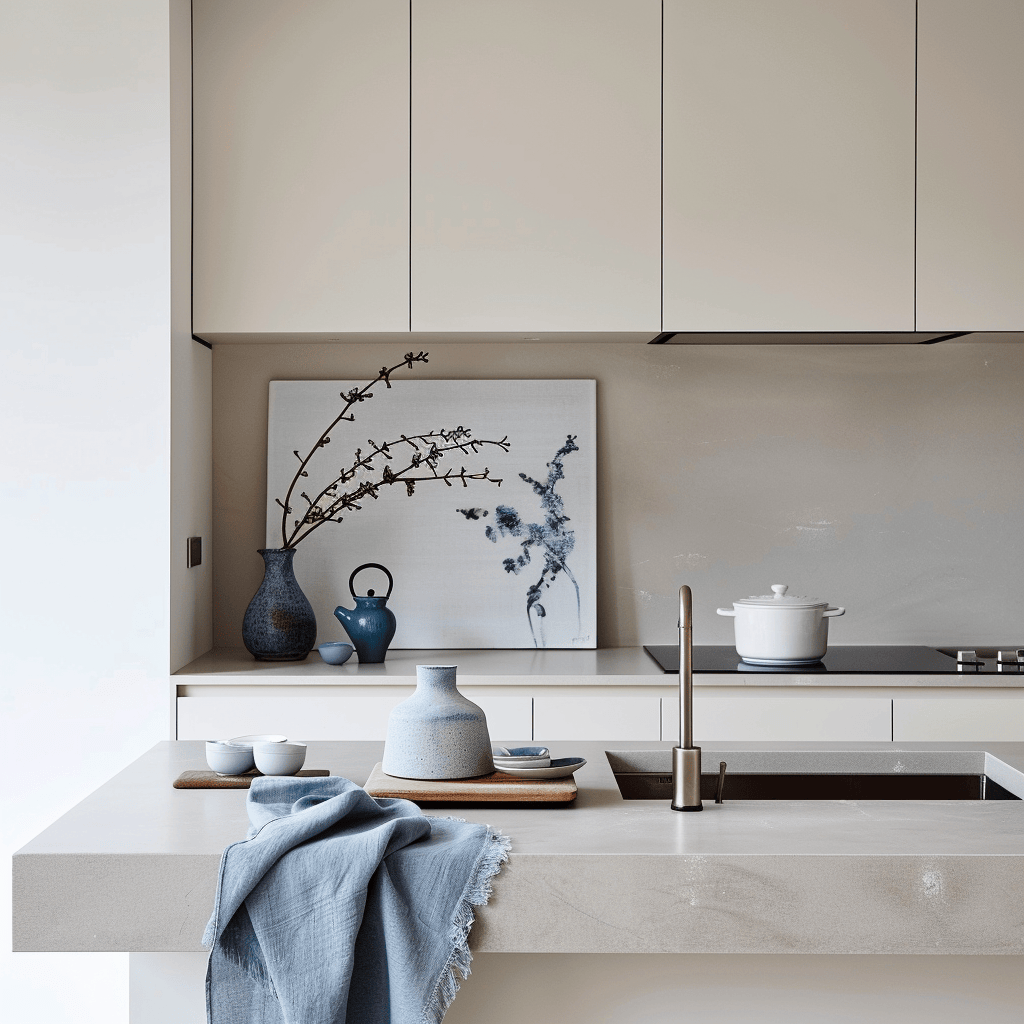 A minimalist kitchen with a neutral base of white and light gray, featuring small accents of muted blue in dish towels, a tea kettle, and a single piece of artwork4