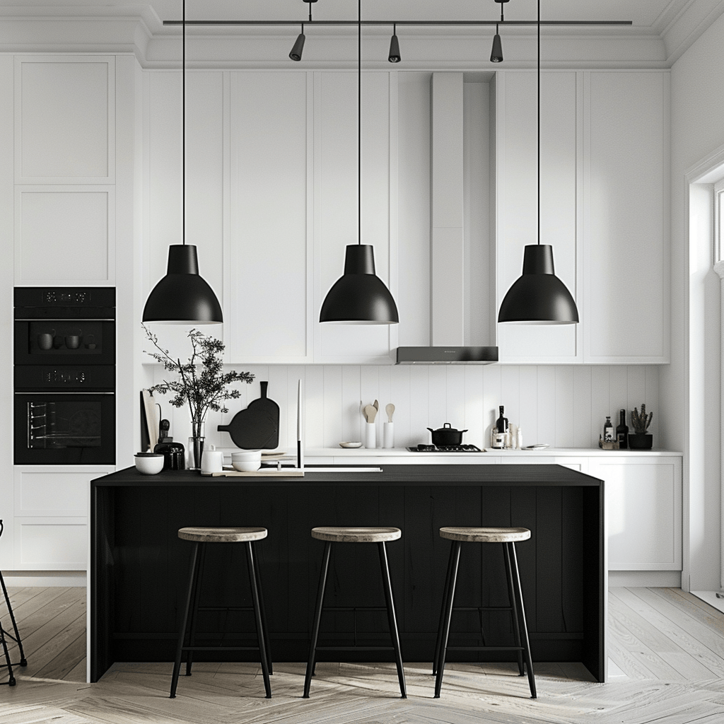 A minimalist kitchen with white walls and cabinets, featuring a contrasting black kitchen island and matte black pendant lights, showcasing the use of contrast for visual interest2