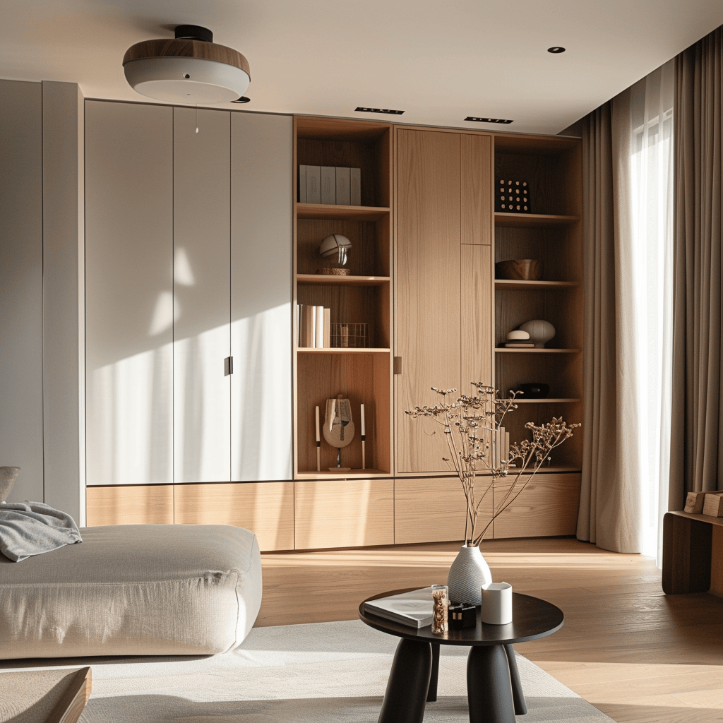 A minimalist living room featuring clever storage solutions, such as hidden compartments and built-in shelving, to maintain a clutter-free and organized space
