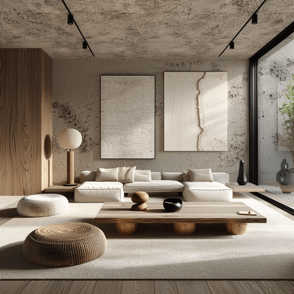 A minimalist living room incorporating natural materials, organic elements, and subtle textures like wood, stone, and woven fabrics for added depth and warmth