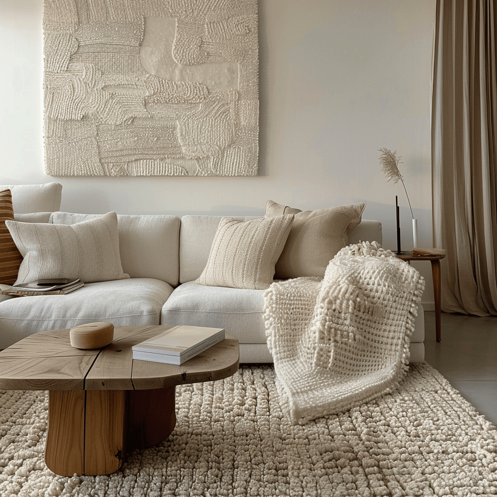 A minimalist living room that balances smooth surfaces with carefully selected textural elements, such as a shaggy throw and a carved wooden sculpture, to create visual intrigue