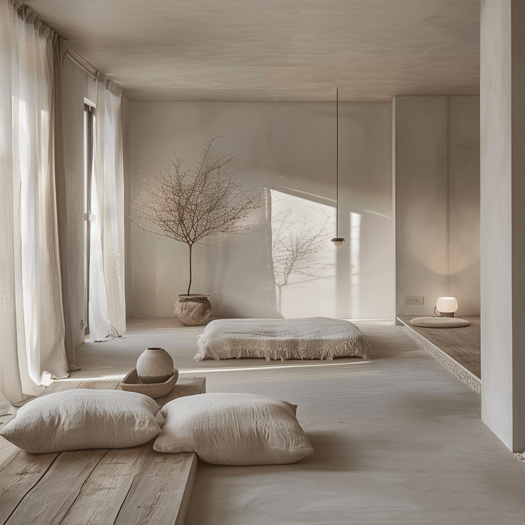 A minimalist living room that embodies the principles of Zen, with a serene atmosphere, harmonious design elements, and a focus on mindfulness and simplicity