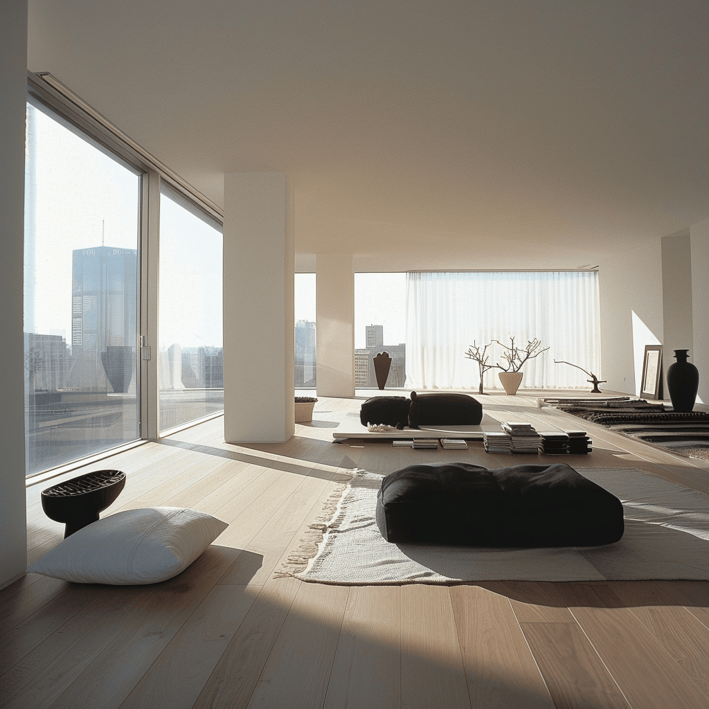 A minimalist living room that maximizes the sense of spaciousness by reducing visual clutter, allowing natural light to flood the space, and maintaining an open layout