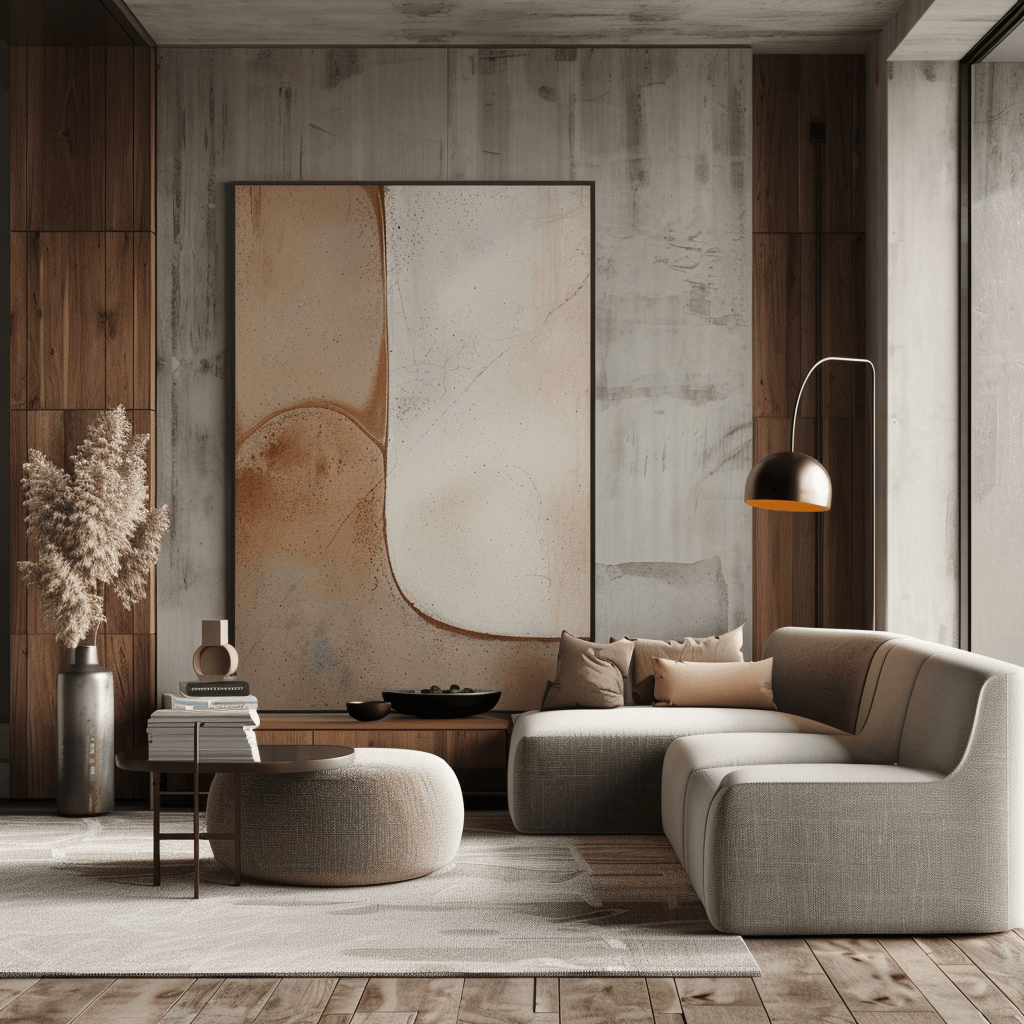 A minimalist living room with a large, abstract print on the wall in a muted color palette, adding visual interest and depth without overwhelming the minimalist aesthetic3