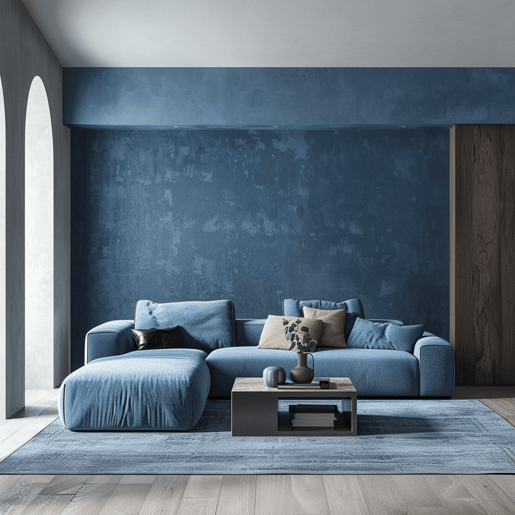 A minimalist living room with a monochromatic color scheme of varying shades of blue, from pale sky blue to deep navy, creating depth and interest through a single color family