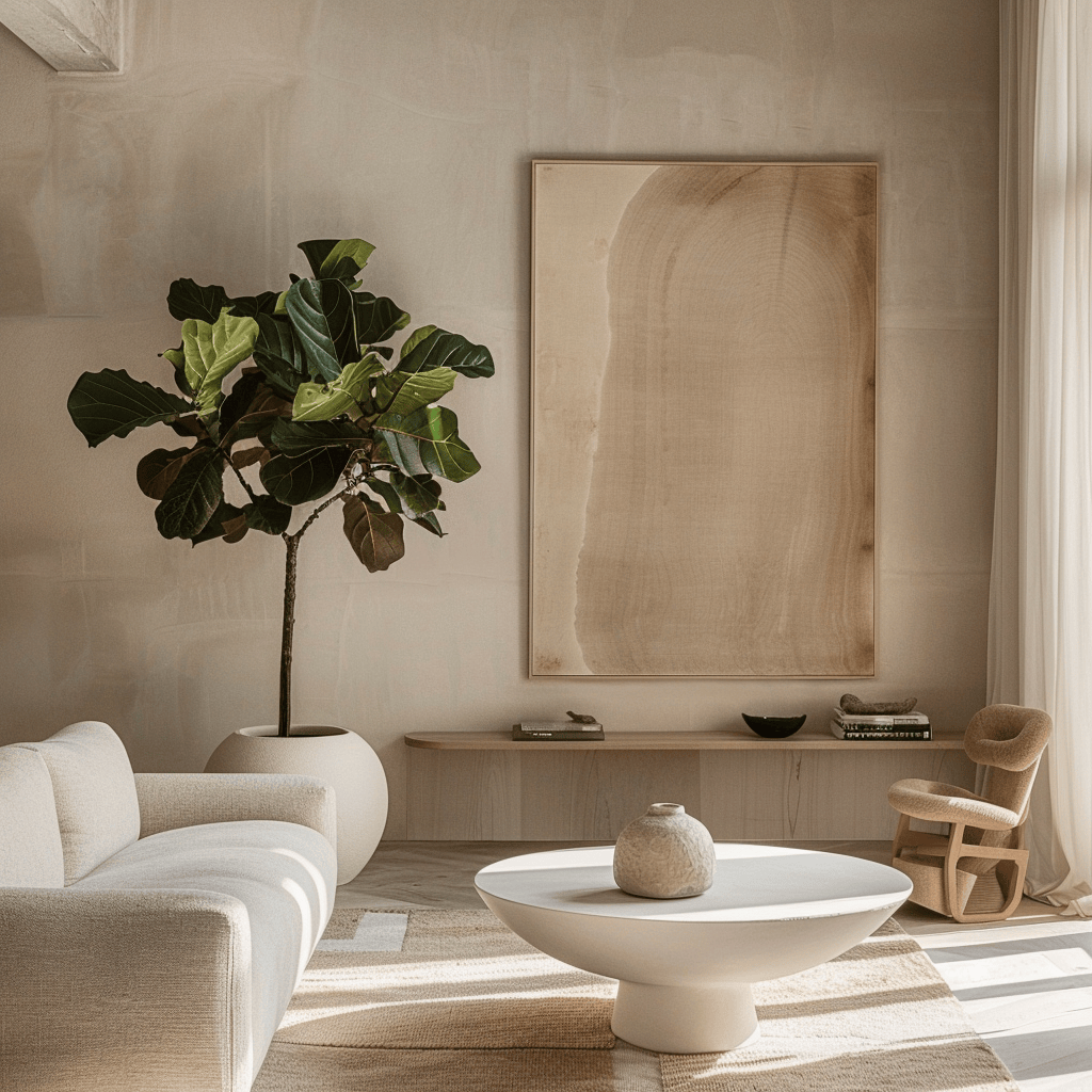 A minimalist living room with a neutral color scheme, featuring a single, sculptural fiddle leaf fig tree in a simple, white ceramic pot, adding life and texture to the space2