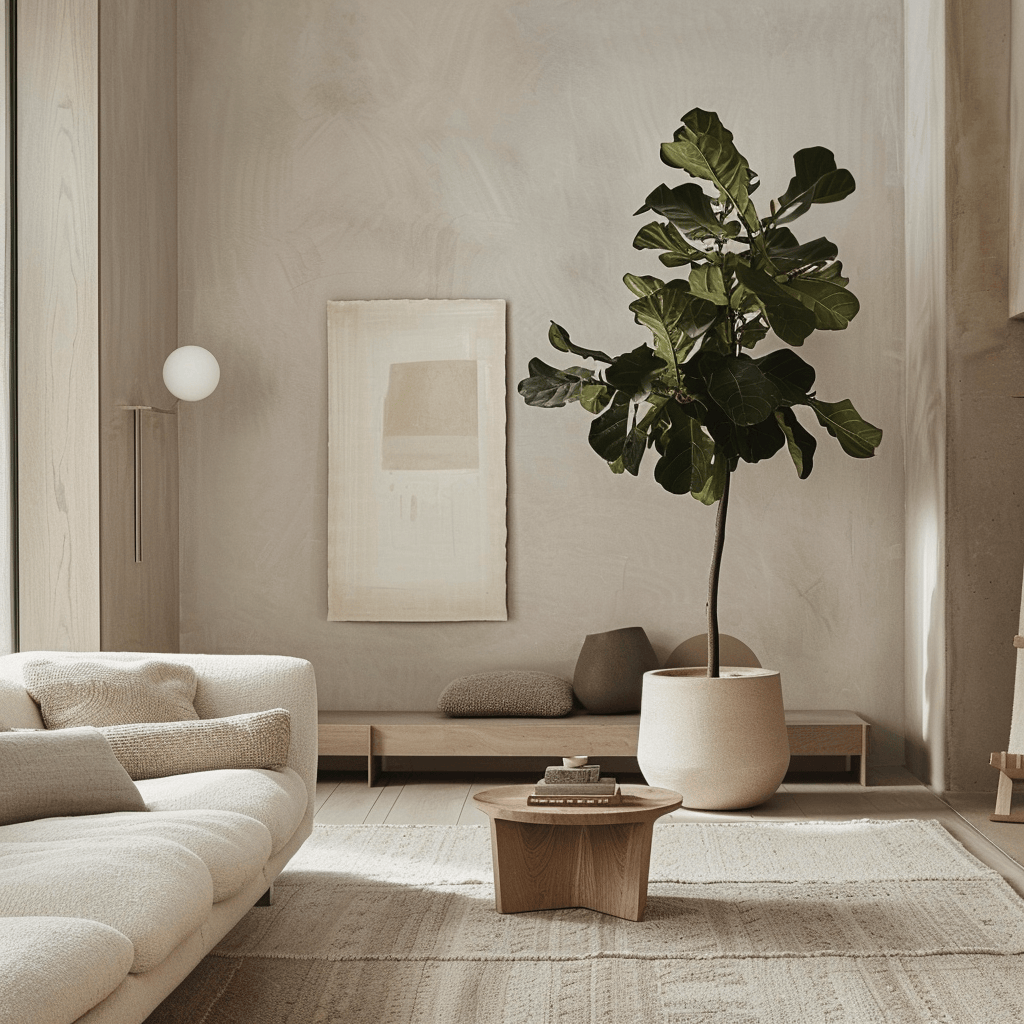 A minimalist living room with a neutral color scheme, featuring a single, sculptural fiddle leaf fig tree in a simple, white ceramic pot, adding life and texture to the space3