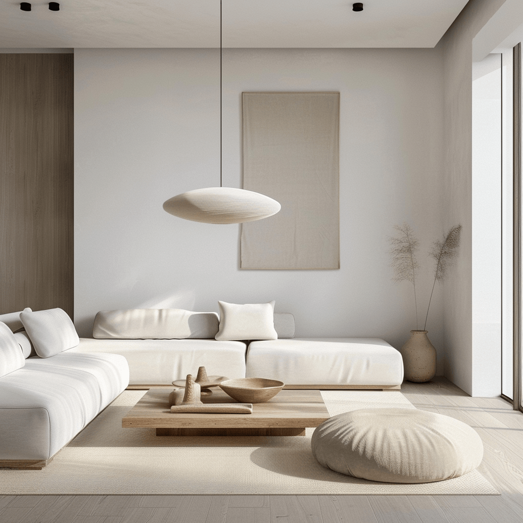 A minimalist living room with a palette of neutral colors, including shades of white, beige, and gray, showcasing neutral tones as the foundation of minimalist design3