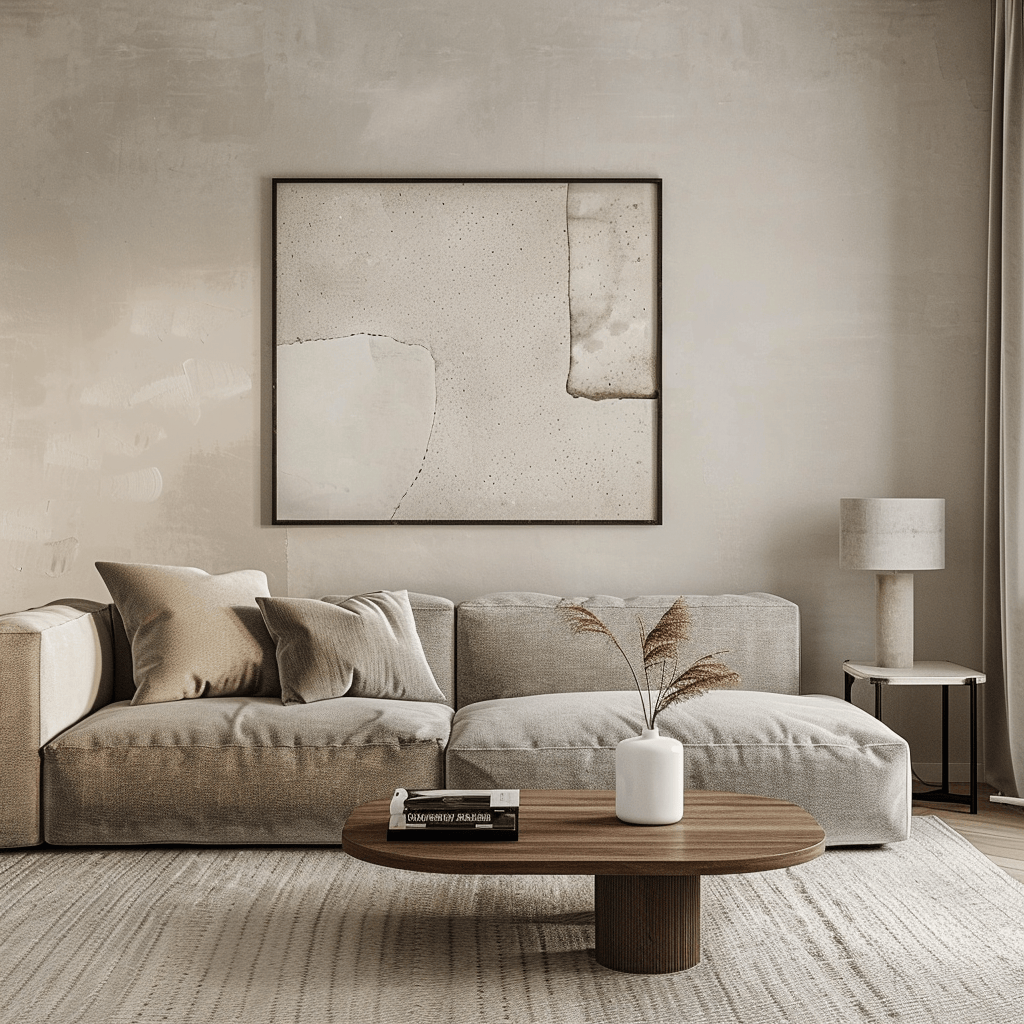 A minimalist living room with a plush, comfortable couch in a soft neutral tone, a simple coffee table, and a single abstract art piece, creating a serene and inviting atmosphere