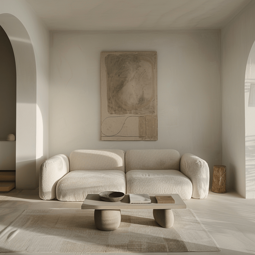 A minimalist living room with a plush, comfortable couch in a soft neutral tone, accompanied by a simple coffee table and a single piece of abstract art on the wall3