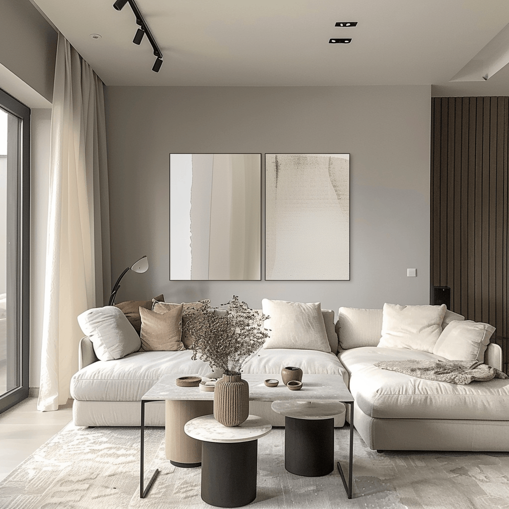 A minimalist living room with a refined color palette of neutral tones and subtle accent colors, evoking a sense of tranquility and sophistication