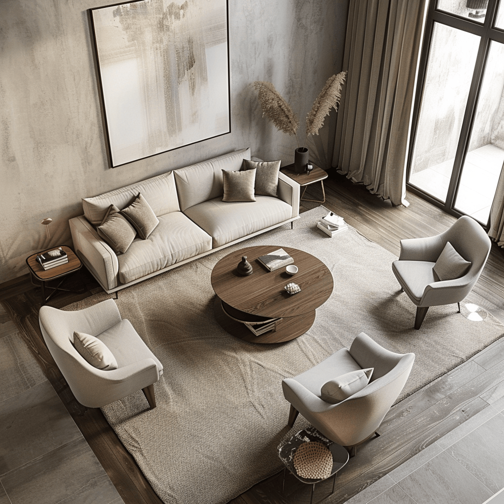 A minimalist living room with carefully selected essential furniture pieces, including a comfortable sofa, practical coffee table, and armchairs for seating