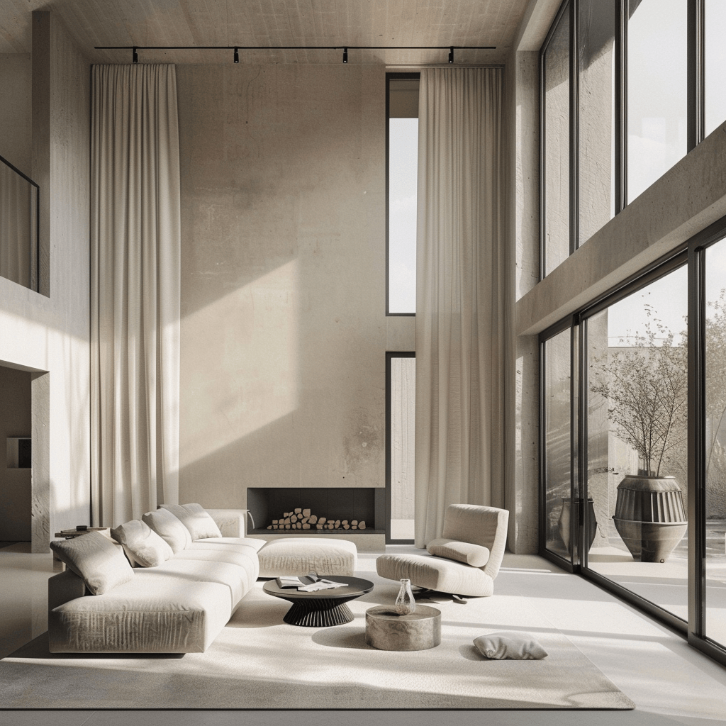 A minimalist living room with large windows allowing abundant natural light to flood the space, enhancing the beauty and simplicity of the neutral color palette2