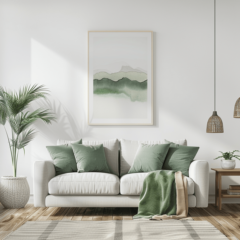A minimalist living room with white walls and a light gray sofa, balanced with accents of muted green in a potted plant, throw pillows, and a single artwork piece2