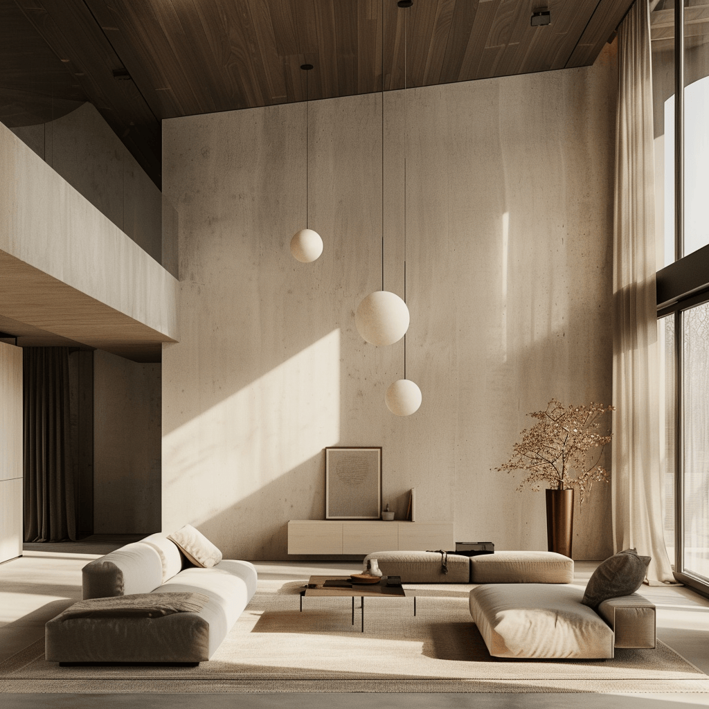 A minimalist living space with a neutral palette, featuring large windows allowing soft daylight and simple, modern light fixtures providing warm, inviting light