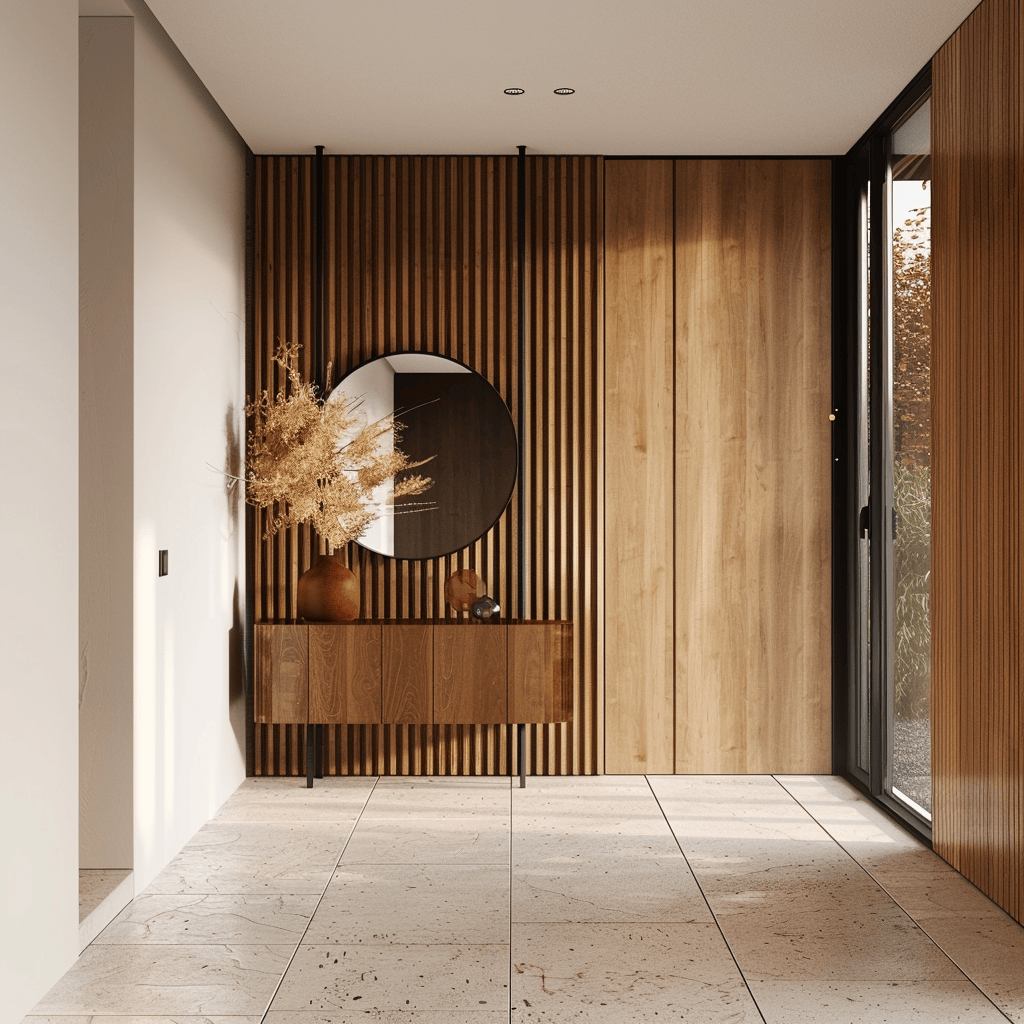 A minimalist mid-century modern hallway focused on clean lines and uncluttered spaces, where every element serves a purpose, creating a harmonious blend of form and function4