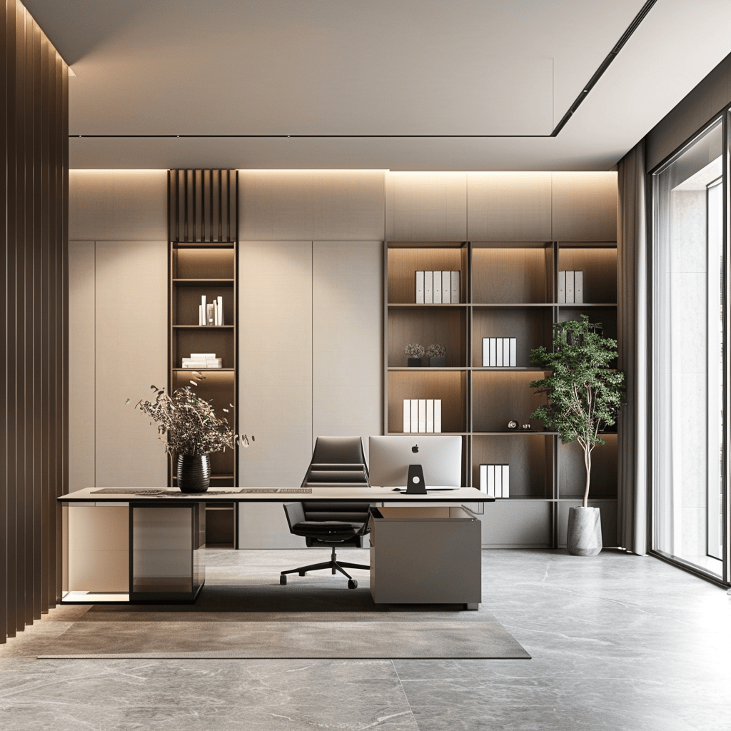 A minimalist office with a balanced distribution of furniture and decor, ensuring a harmonious and functional workspace