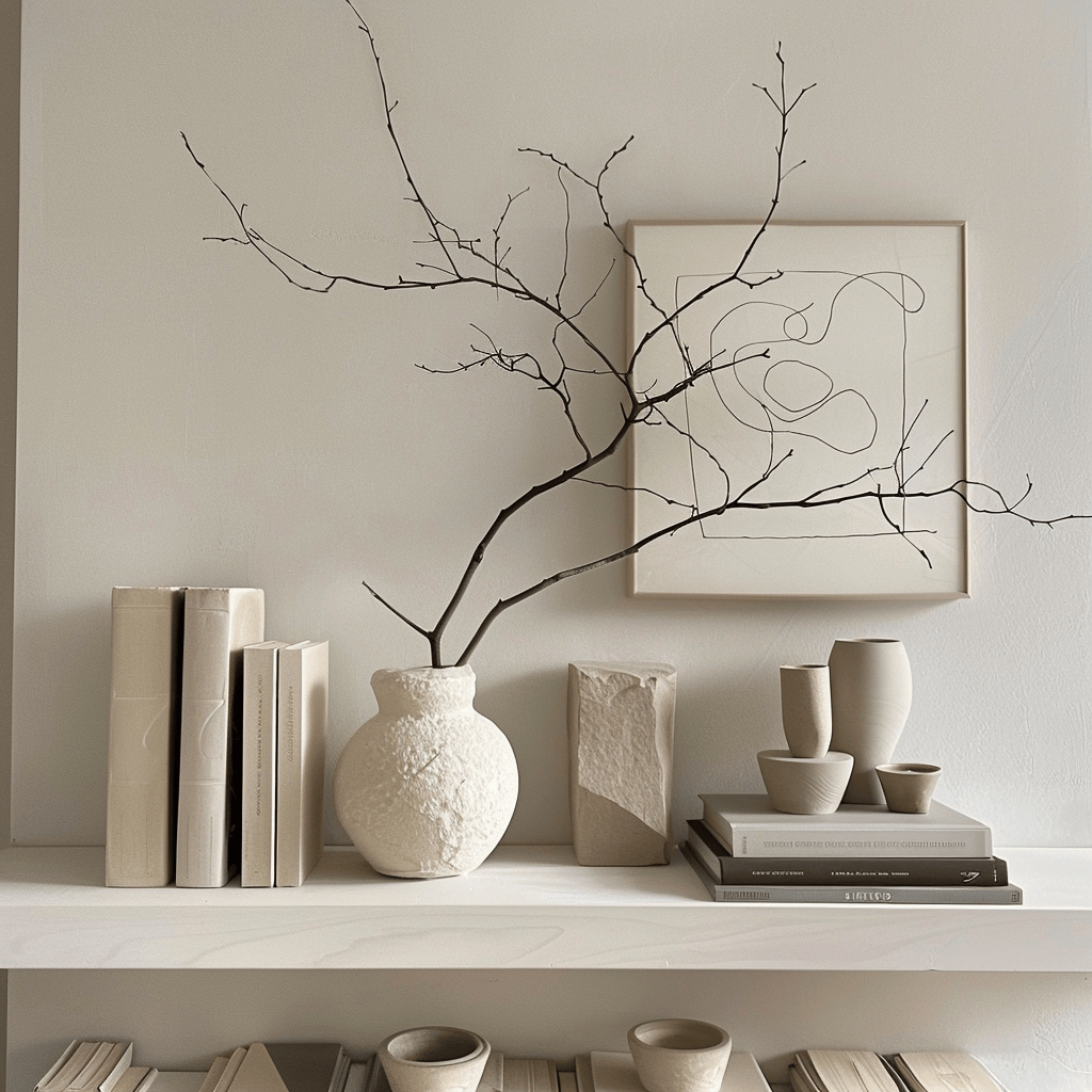 A minimalist shelf vignette with a curated selection of neutral-colored accessories and decor, including a line drawing, sculptural vase with a branch, and monochromatic books2