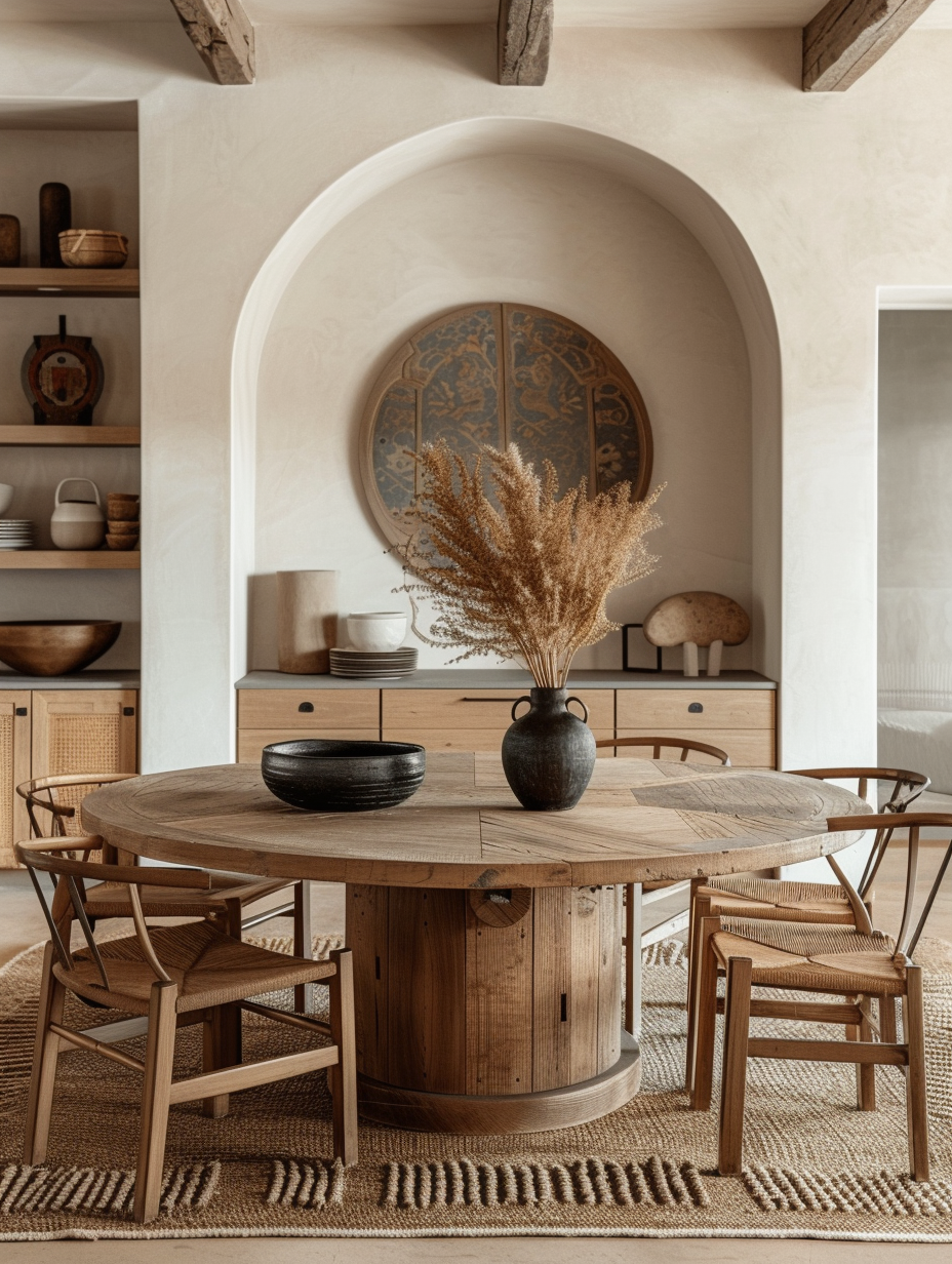 A mix of metal, wood, textile, and glass elements in a modern boho dining room